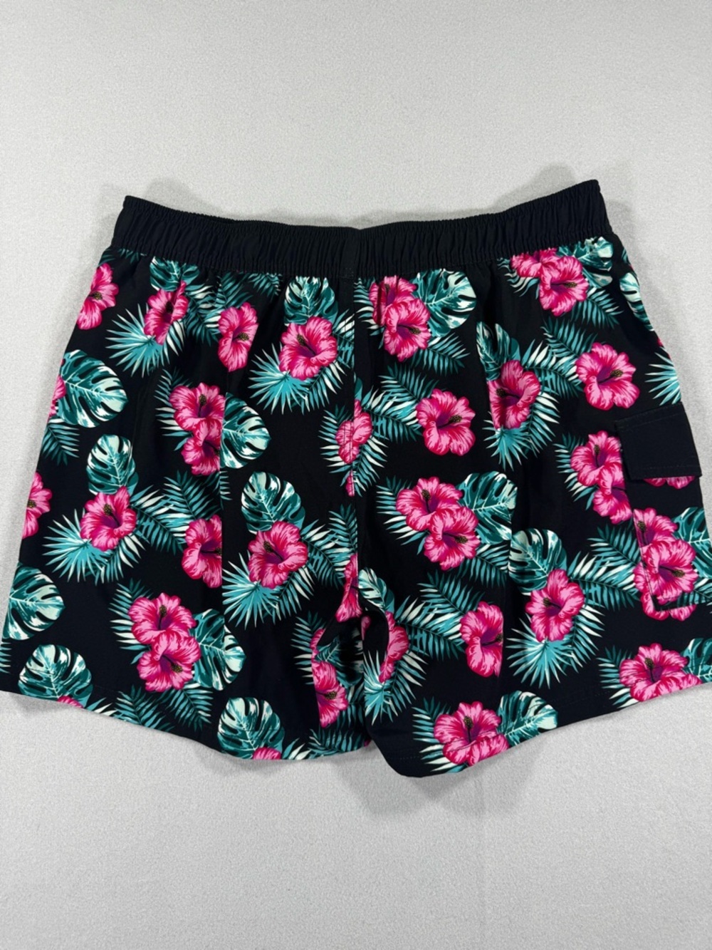 Black Tropical Floral Swim Shorts with Pink Hibiscus - Picture 2 of 9